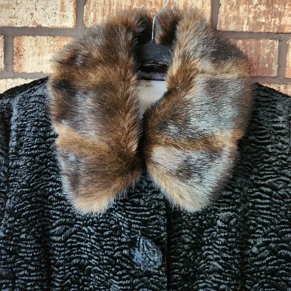 Cole B Black Faux Persian Lamb Teddy Jacket Fur Collar Lined Pockets NWOT Size M - Picture 2 of 7